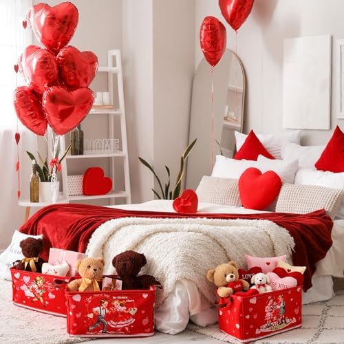 CHENGU 6 Pack Valentine's Day Storage Basket Vintage Valentine's Day Basket for Gift Collapsible Red Heart Holiday Decor Retro Large Bin Foldable Waterproof Box with Handle for Bedroom Laundry Nursery