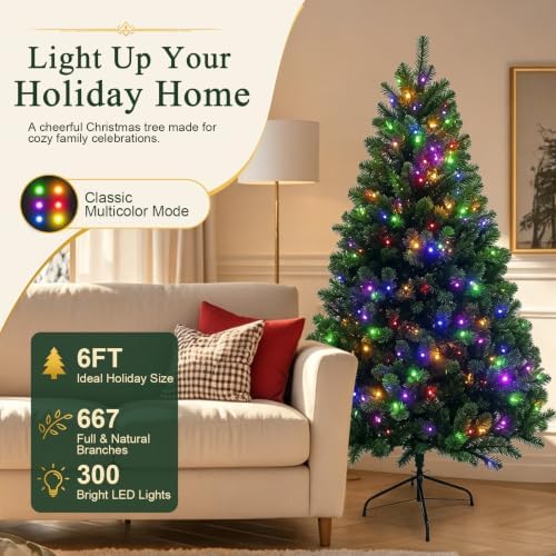 6FT Pre-Lit Green Artificial Christmas Tree with 300 Dual-Color LEDs, 9 Lighting Modes, 667 Branch Tips, Hinged Semi-Automatic Setup for Home, Office and Indoor Holiday Party Decor