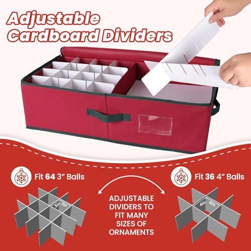 BlessedSeason Christmas Ornament Storage Box -Stores Up to 64 3” Balls, Holiday Ornaments Storage with Adjustable Dividers, Visual ID Window, Dual Zipper, Handles, Stackable, Foldable Fabric Organizer
