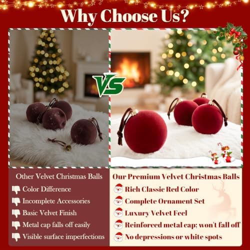 TOWPONICS 15 Pcs Red Velvet Christmas Balls Ornaments for Christmas Tree