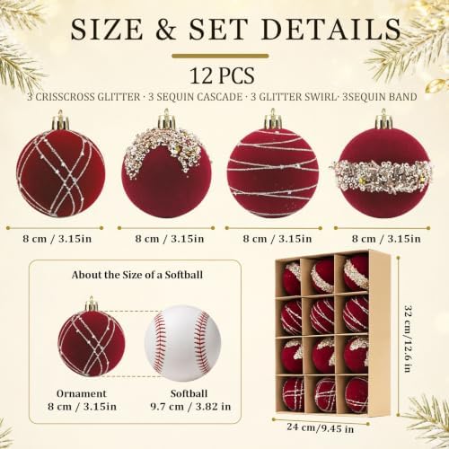 12Pcs Red Velvet Christmas Ornaments 2.36 in Balls for Christmas Tree Deco