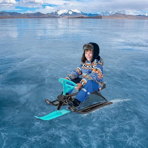 Kids Snow Sled Kart with Steering Wheel and Brakes for Safe and Fun Winter Sports, Supports Up to 220 lbs for Children and Adults, Easy to Clean and Durable Design