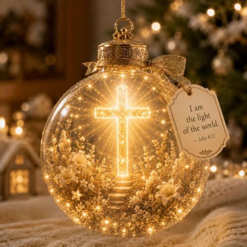 Illuminated Scripture Keepsake Ornament, Lighted Hanging Decoration with Bible Verse, Religious Themed Holiday Ornament, Transparant Ball with 2D Flat Sheet for Christmas Tree Home Display，A