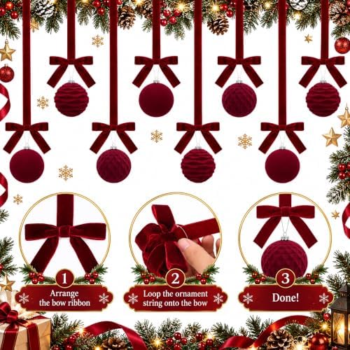 16 Sets Burgundy Velvet Christmas Ball Ornaments with Bow Ribbon, 35" Long