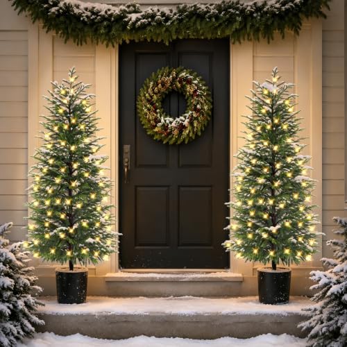 ENVEN 5FT Prelit Norfolk Pine Christmas Tree Real Touch Artificial Cedar Tree with 80LED Lights & 8-Function Plug-in Potted Faux Trees for Front Porch, Entryway, Patio, Christmas Indoor Outdoor Decor
