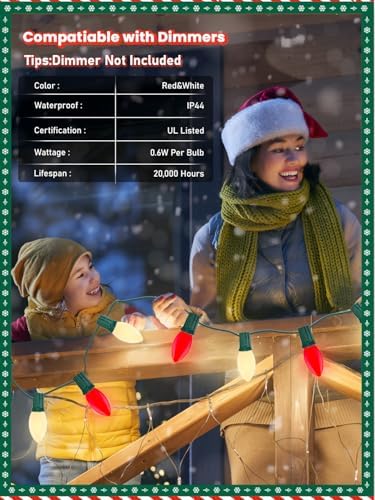 SUNSGNE C9 LED Christmas Lights Outdoor, 25ft Vintage Christmas Lights with 27 LED Red White Plastic Bulbs(2 Spare) for Patio Home House Balcony Xmas Decor, Green Wire