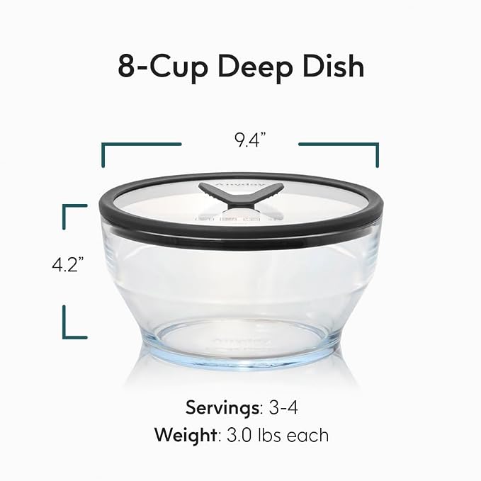 Anyday 8 Cup Glass Microwave Pasta Cooker (Clear Black Sesame) | BPA Free, Plastic Free, Spaghetti Cooker, Meal Prep, Stackable Airtight Nontoxic Storage Container, Vented Lid