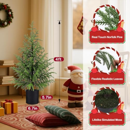 4FT Prelit Norfolk Pine Christmas Tree with 80LED Lights, Battery Operated
