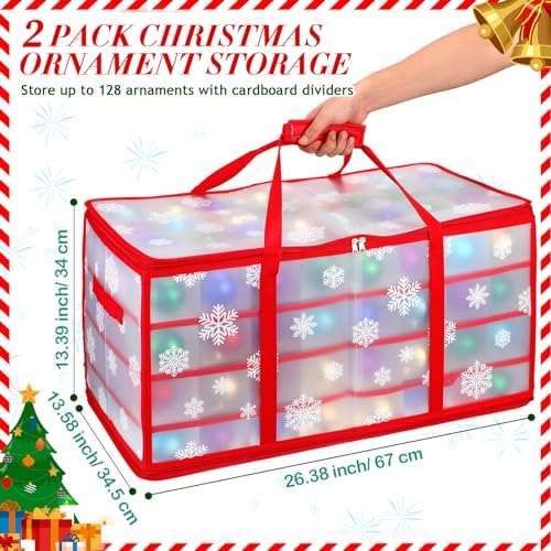Hosuly 2 Pcs Plastic Christmas Ornaments Storage Box with Dividers, Zippers, 8 Trays,128 Slots, Christmas Storage Containers Xmas Ornaments Organizer for Holiday Balls Ornaments(Snowflake)
