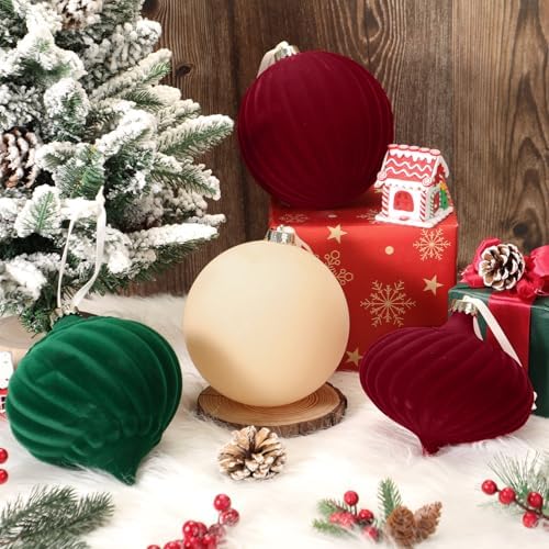 Civaner 4 Pcs Large Velvet Christmas Ball,6 Inch,Beige,Burgundy,Green
