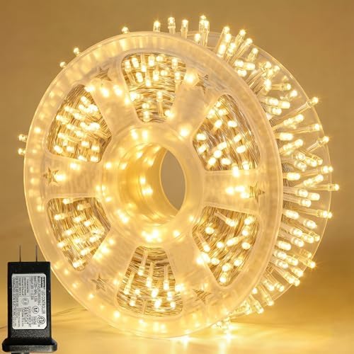 Pooqla 1000 LED Warm White Christmas Lights Indoor Outdoor Decorations, 328 ft String Lights Plug in with Timer, 8 Modes Waterproof Clear Wire Twinkle Fairy Lights for Bedroom Party Classroom Decor
