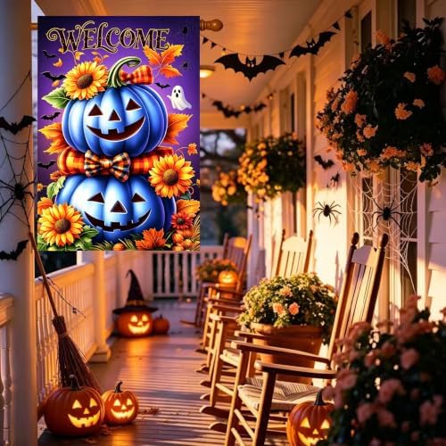 Large Halloween Blue Pumpkin Welcome House Flag for Outside 28 x 40 Inch