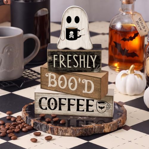 Moucuny 4 Pcs Halloween Coffee Table Decorations Ghost Stacked Wooden Decor