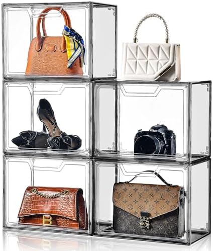 Purse Organizer for Closet,Clear Acrylic Display Case for Handbag Organizer, Purse Storage Box with Magnetic Door, Dustproof Storage Bins for Book, Collectibles, Cosmetic (Grey, 5)