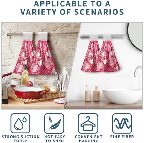 Happy Valentine's Day Hanging Kitchen Towels Set of 2 Hot Pink Love Hand Towel with Hanging Loop Bright Boho Heart Bath Tie Towel Soft Absorbent Dish Tea Towels for Bathroom