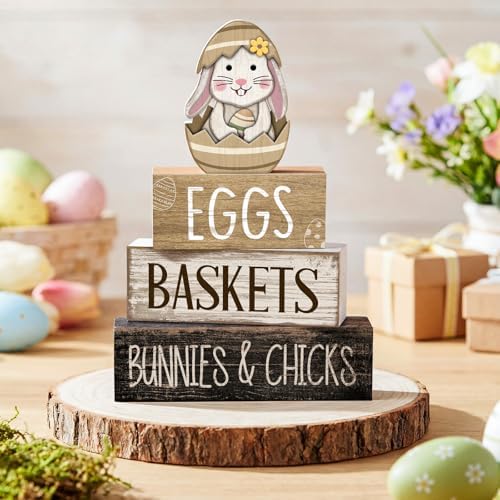 Lineshading 4 Pcs Wooden Farmhouse Tiered Tray Decor Rabbit Egg Signs