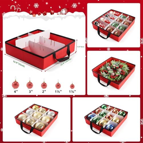 Christmas Ornament Storage Box, 8 Individual Trays with Handles, Red