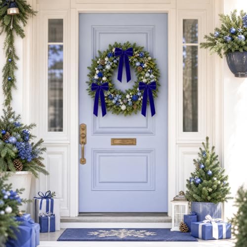 12Pcs Blue Velvet Ribbon Bows Christmas Tree Decorations,5in x 10in Xmas Ornaments for Tree Home Party Front Door Wreath Garland Holiday Decor
