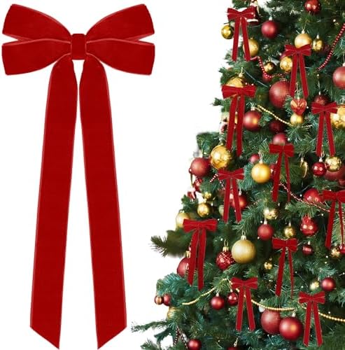 12Pcs Red Velvet Ribbon Bows Christmas Tree Decorations,5in x 10in Xmas Ornaments for Tree Home Party Front Door Wreath Holiday Decor