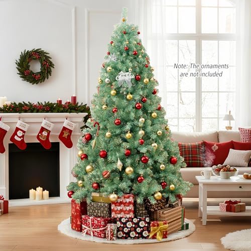 HAPPYGRILL 7.5 FT Pre-lit Tinsel Christmas Tree Artificial Xmas Tree with 550 LED Lights, 8 Modes, 1300 Fruit Green Branch Tips, Folding Metal Stand, Seasonal Holiday Tree for Home Office Party