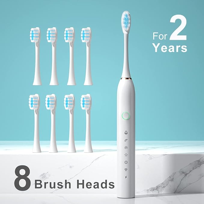SUNPRO 2 Pack Adults Sonic Electric Toothbrush, 42000vpm, 6 Modes Rechargeable for Deep Cleaning Include 8 Heads (Black+Pink)