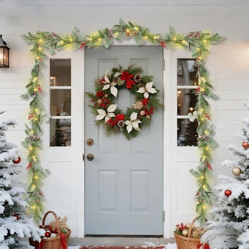 DR.DUDU 9FT Prelit Christmas Garland with Lights Mantel Decorations