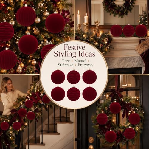 Hollowfly 6 pcs 4 Inch Burgundy Red Large Velvet Christmas Balls Ornaments