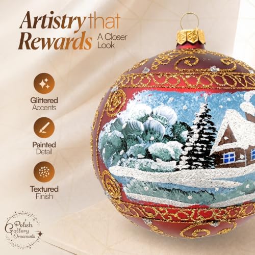 Polish Hand Blown Glass Christmas Ornaments Ball, Countryside Burgundy 5 in