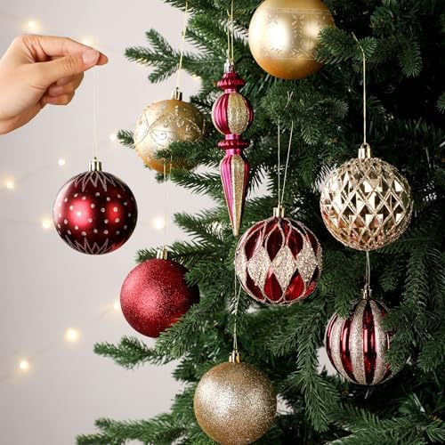 Soulchen 19 Pcs 3.15 Inches Red and Gold Luxury Christmas Tree Ornaments Set Plastic Shatterproof Burgundy Balls Finials Christmas Ornaments Hanging Tree Decorations Baubles for Xmas Holiday Decor