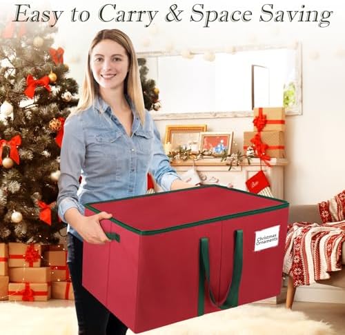 RoomHacks Christmas Ornament Storage Box, Store Up to 128 Ornaments, Christmas Storage Container, Dual Zipper & Adjustable, Large Organizer Bin to Protect and Store Holiday Ornaments (Red-2 Pack)