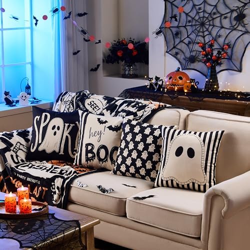 Halloween Decor Pillow Covers 18x18 Inch,Set of 4 Halloween Decorations Outdoor Indoor Throw Pillow Covers, Hey Boo Cute Spooky Ghost Black Striped Linen Cushion Case for Home Sofa Couch Bed Chair
