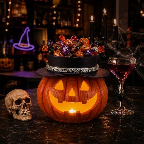 Light Up Pumpkin Candy Bowl for Halloween with Batteries Included