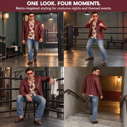 Red Leather Jacket Men with Glasses Halloween Costumes for Men