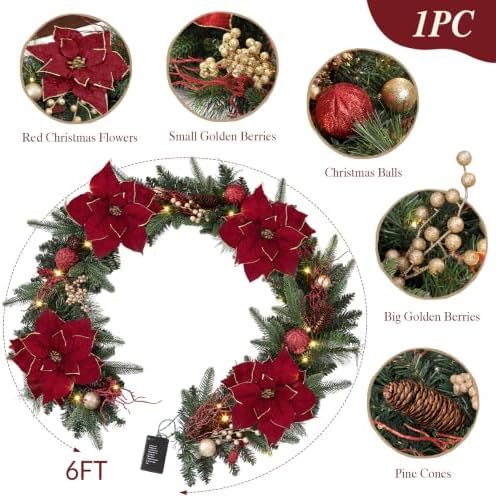SHareconn 6FT Prelit Christmas Garland with Multi-Color LED Lights, Battery-Operated Timer, Includes Flower Ball & Poinsettia for Table Mantle Fireplace Indoor Outdoor Xmas Decor, Red and Gold, 6 FT