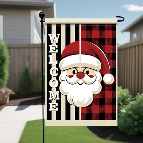 Christmas Santa Claus Garden Flag Welcome Sign Outdoor Yard Decoration Red Black Plaid Buffalo Check Holiday Banner Vertical Double Sided Winter Holiday House Lawn Decor 12 x 18 Inch