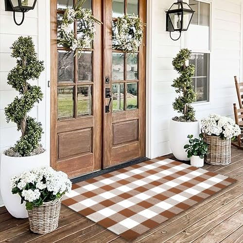 Homydecor Buffalo Plaid Outdoor Rugs, 4'x6' Coffe and White Checkered Area Rug, Layering Rug for Hello/Welcome Door Mat, Washable Cotton Woven Farmhouse Mat for Front Porch Décor