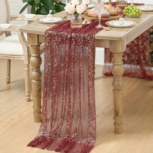 Artoid Mode 2-Pack Burgundy Gold Gauze Table Runner 10FT, Glitter Metallic Foil Sheer Dining Wedding Anniversary Holiday Birthday Table Decor for Home Party
