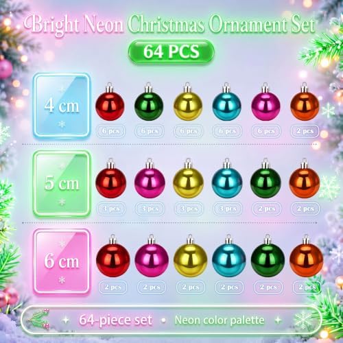 Lunmon 64 Pcs Multicolor Christmas Ornament Bright Color Xmas Baubles