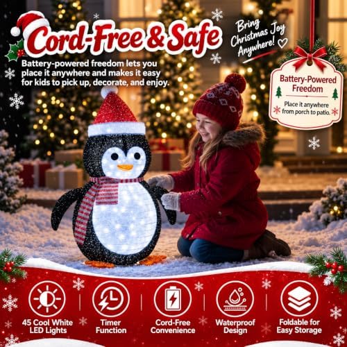27.5-Inch Lighted Christmas Penguin for Outdoor Christmas Decorations, Pop-Up Penguin Yard Decor with 45 Cool White LEDs, Battery-Operated Timer, Collapsible Metal Frame for Porch and Lawn