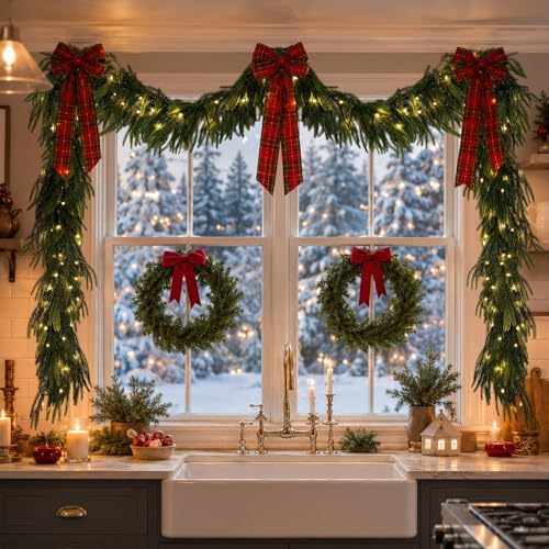 N&T NIETING 12FT Christmas Norfolk Pine Pre-Lit Garland with 100 LED Lights Real Touch Pine Garlands Prelit Garland Greenery Garlands for Table Mantle Fireplace Stairs Indoor Outdoor Xmas Decorations