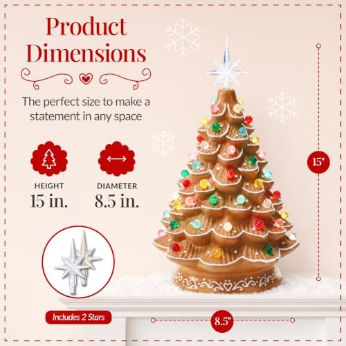 Best Choice Products 15in Ceramic Christmas Tree, Pre-lit Hand-Painted Tabletop Holiday Tree, 2 Star Toppers, 64 Lights - Gingerbread w/Multicolored Bulbs