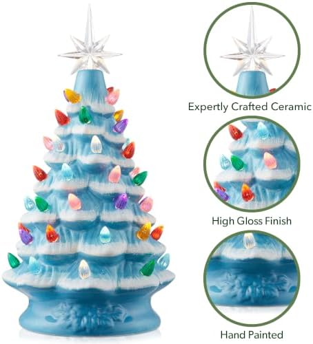 Casafield Hand Painted Ceramic Christmas Tree, Blue Snow Flocked 12-Inch Pre-Lit Tree with 100 Multi Color Lights and 2 Star Toppers