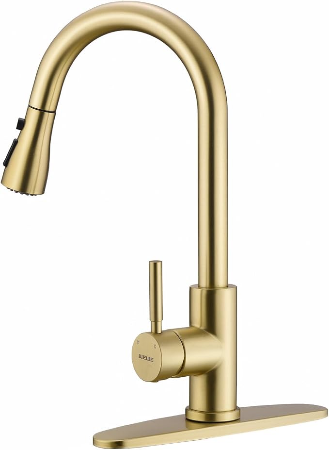 WEWE Gold Kitchen Faucet with Pull Down Sprayer, Single Handle Brushed Gold Kitchen Sink Faucets Stainless Steel Brass Copper Commercial RV 1 or 3 Hole, Champagne Bronze