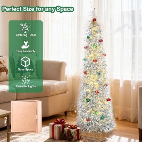 Christmas Tree 5FT Artificial Xmas Decor Pop Up with Decoration Silver