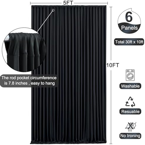 6 Panels Black Backdrop Curtain for Parties Wrinkle Free Black Photo Curtains Backdrop Drapes Fabric Decoration for Birthday Party Wedding 30ft(W) x 10ft(H)