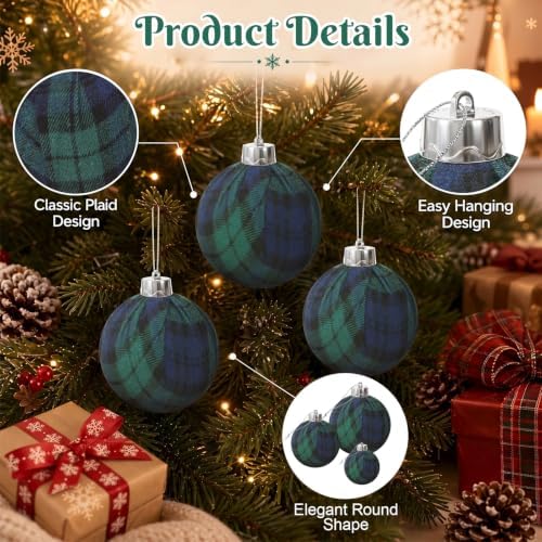 36 Pcs Christmas Tartan Plaid Ball Ornaments, Large Size, Blue