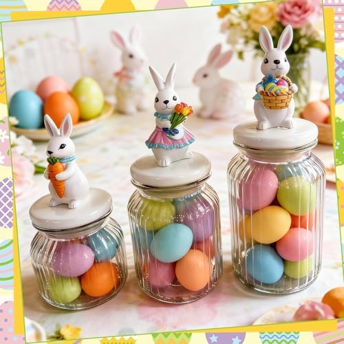 Mimorou 3 Set Easter Cookie Jar with Ceramic Bunny Lid 44oz 33oz 22oz Glass Candy Jar Food Storage Canister with Airtight Lid for Easter Party Spring Tea Table Decoration
