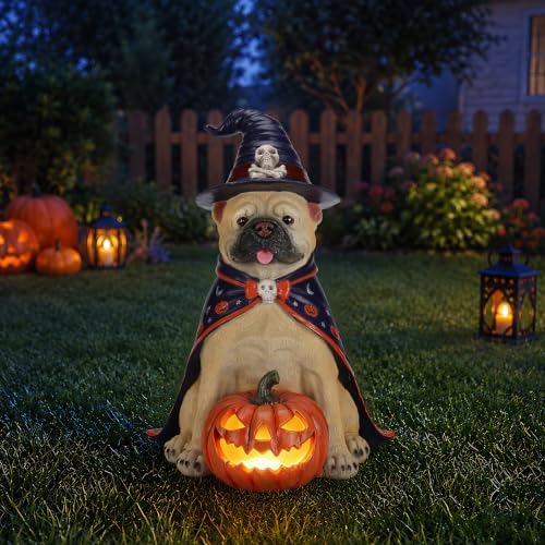 Bulldog Statue Halloween Decoration with LED Pumpkin Lantern