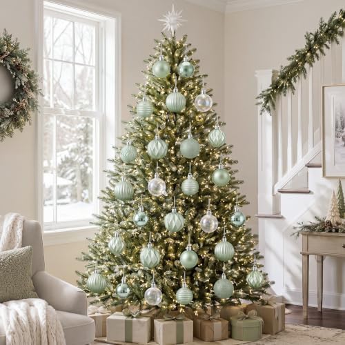 Lunmon 64 Pcs Sage Green Christmas Ornaments Iridescent White Xmas Bulbs