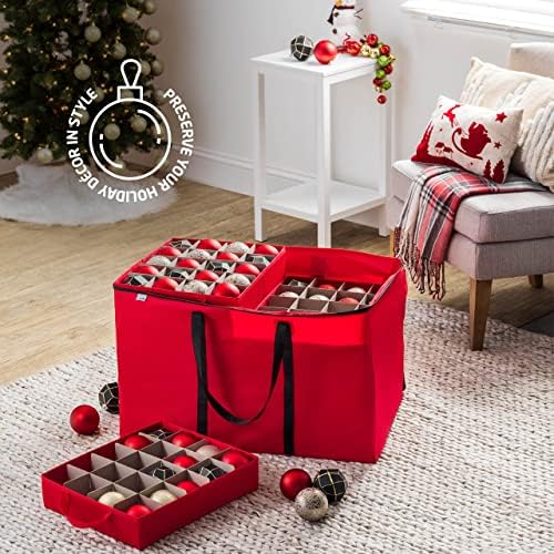 ZOBER Christmas Ornament Storage Box - Stores 200 3" Ornaments with Individual Trays - Tear Proof 600D Oxford Fabric - ornament organizer storage box (Red, 200-3" Ornaments)